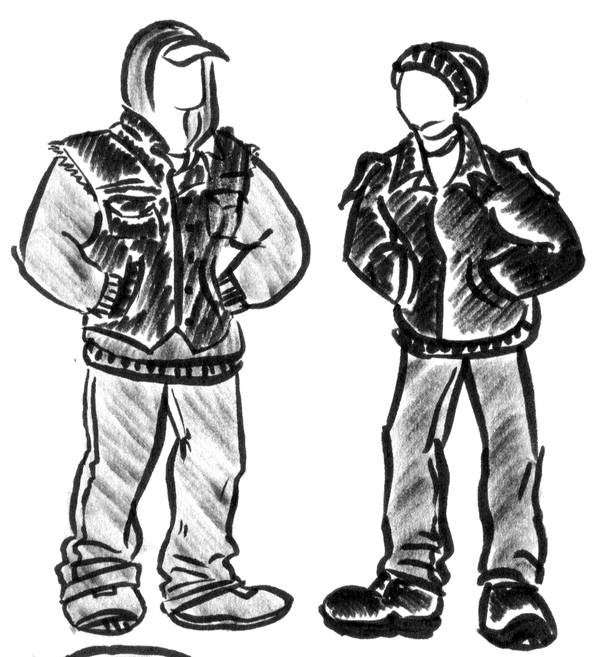 Rough ink sketches of Biff and Mori in winter clothes. Biff has a denim vest layered over a hoodie, while Mori wears a black beanie and a too-big bomber jacket.