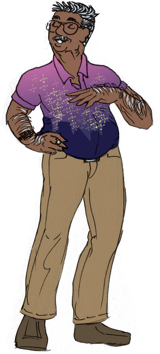 Bob, in a loud silk shirt of a cityscape sunset, pontificating smugly and confidently.