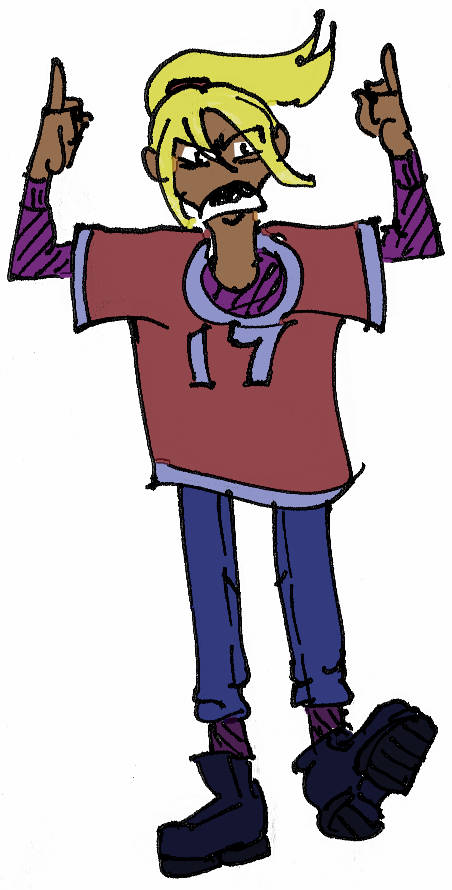 Mori as a teenager, with big blond ponytail, ill-fitting layers of clothes, chunky black boots, and a screaming double middle finger salute.