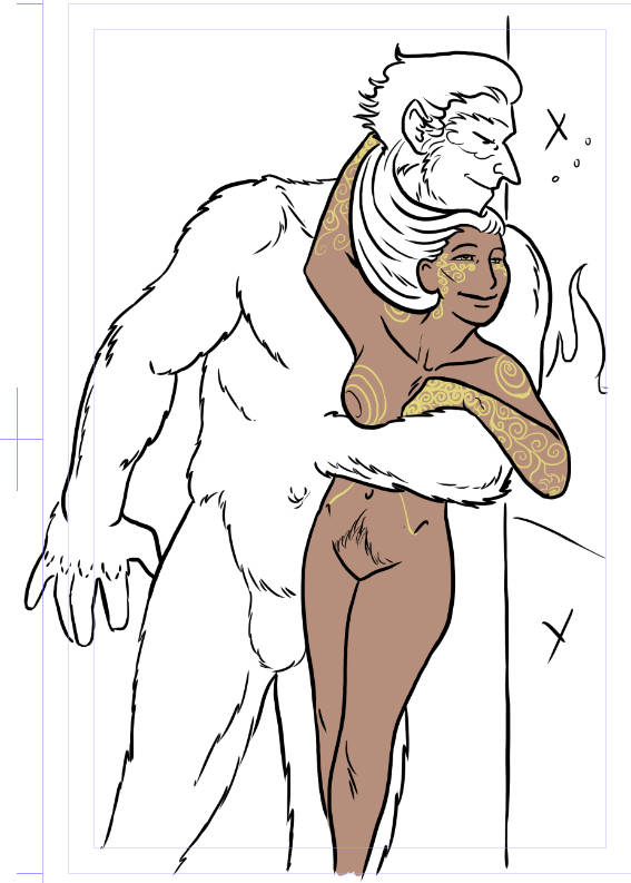 An incomplete drawing of a big furry man hugging a brownskinned, blond-haired naked woman, whose hair twines around his neck. She has a filigree of gold swirling tattoos over arms, shoulders, breasts, and down her hips. She is built like an 80s aerobics instructor.