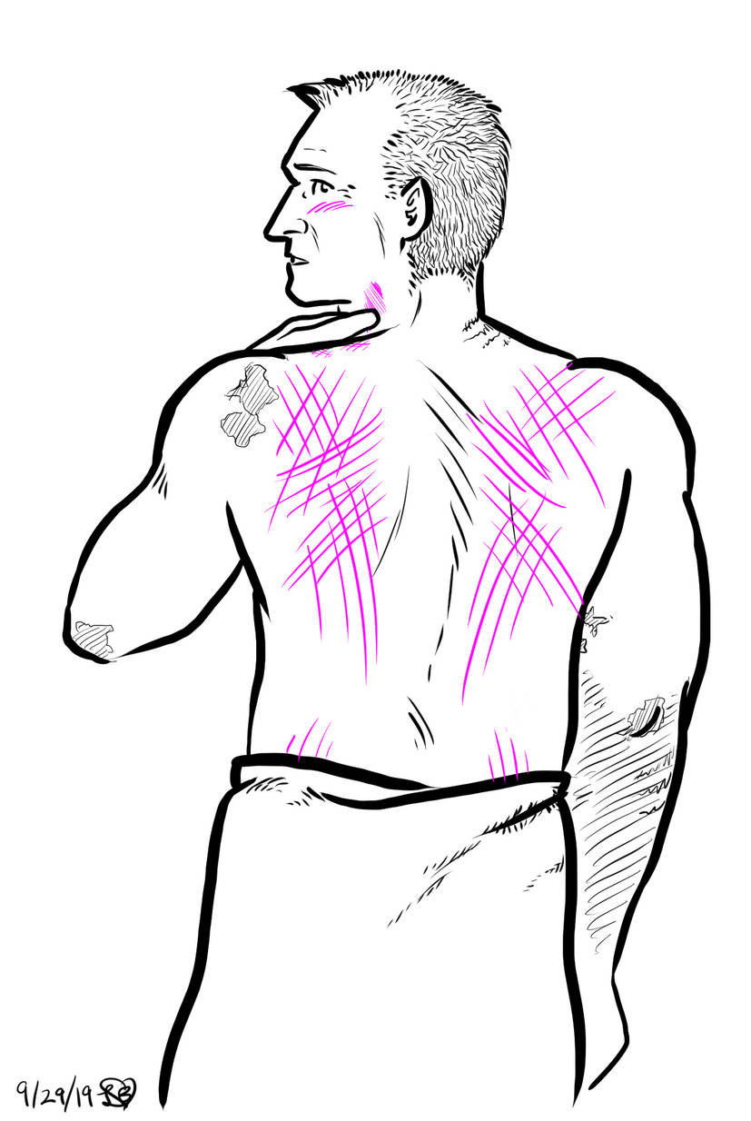 Grey in a towel, back to the viewer, back covered in hot pink scratches, neck hickeyed, a blush on her cheeks.