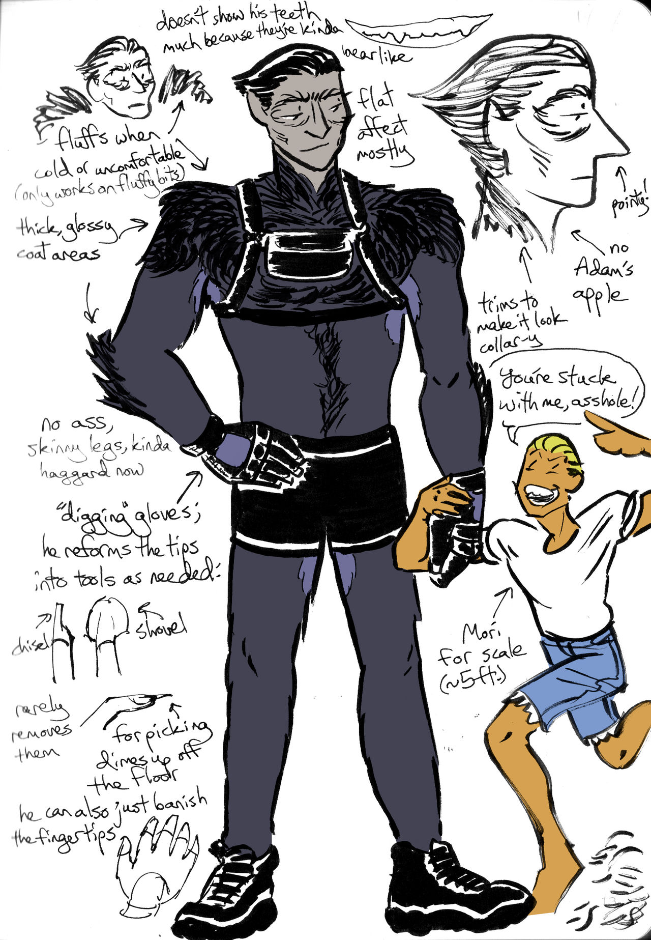 Rawlin has dropped a lot of weight and his cheeks are hollow, giving him a haggard look, and his skin is a gray that verges on blue. His trunks resemble more bike shorts, and his boots are clearly for hiking. His chest harness has a fanny pack pouch, since a fanny pack would just constantly be falling down. Mori holds his hand, pointing and bellowing with a grin, you're stuck with me, asshole! He's smiling a little. He comes off more as someone outdoorsy.