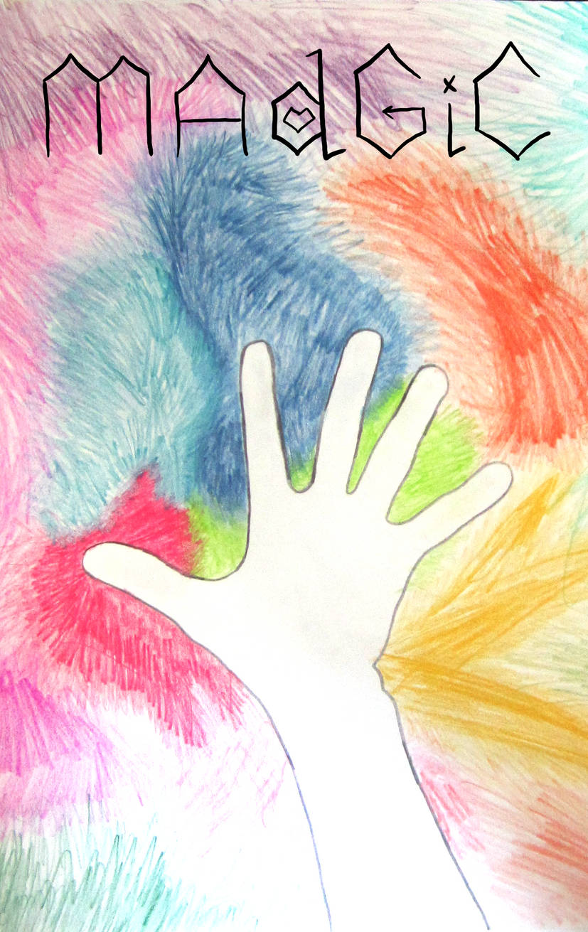 A white hand with a black outline strains upward to touch a kaleidoscope of colors.