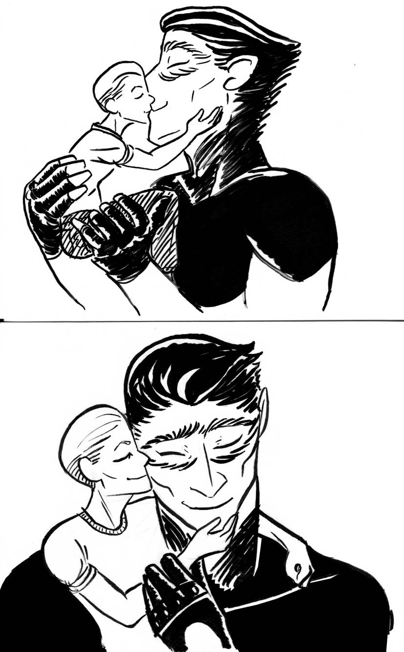 Ink drawings of Rawlin and Mori kissing, then her slinging an arm over his shoulders and nuzzling him. Both look very happy.