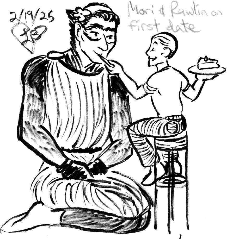 Mori eagerly feeds Rawlin cake on their first date. Rawlin wears a chiton and a flowered headband; Mori has jeans and slicked-back hair.