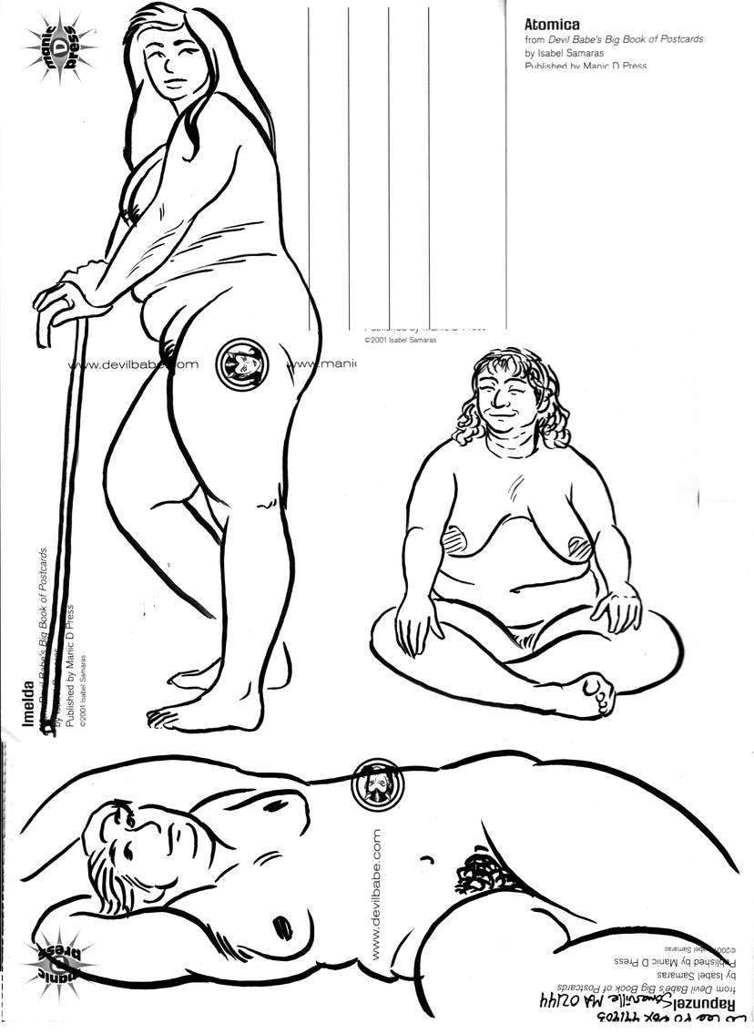 Ink sketches of various round ladies: one casually leaning on a cane, another lying casually across the floor, and a third sitting cross-legged in serenity.