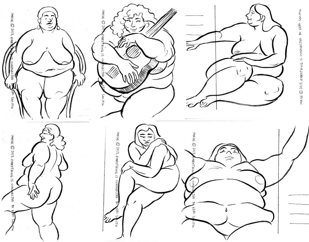 More ink drawings of round ladies! One woman is dancing, another power-lifting, others sitting in chairs. One curls protectively over her guitar, while another curls vulnerably on herself against a cliff face