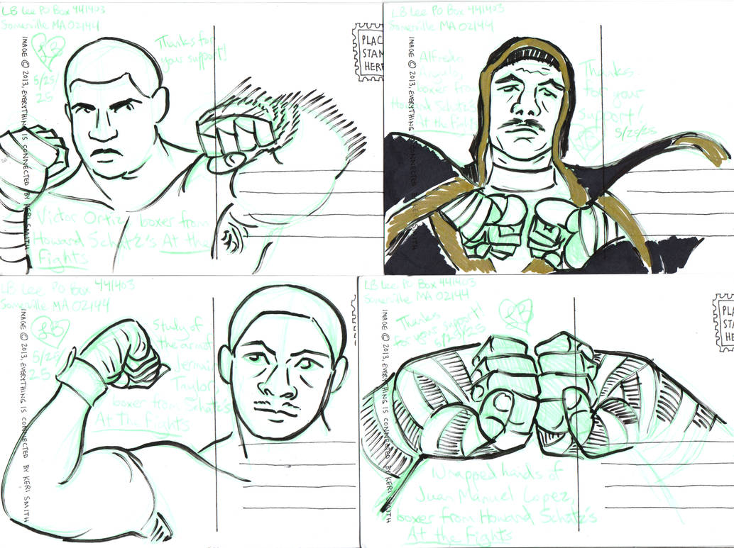 Reference drawings of boxers with their hands wrapped (but not gloved) in various poses
