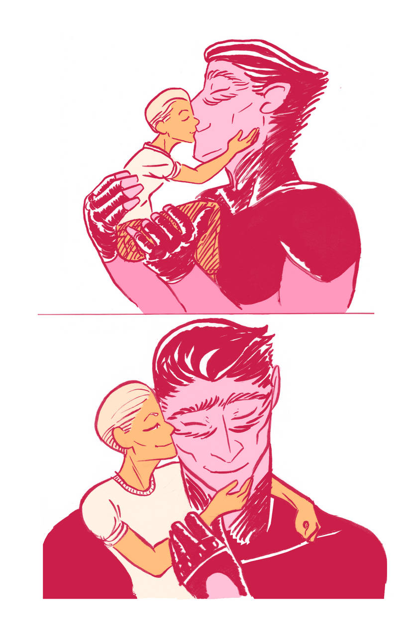 Mori and Rawlin in the lesbian pride colors of red, orange, pink, and white, kissing and cuddling.