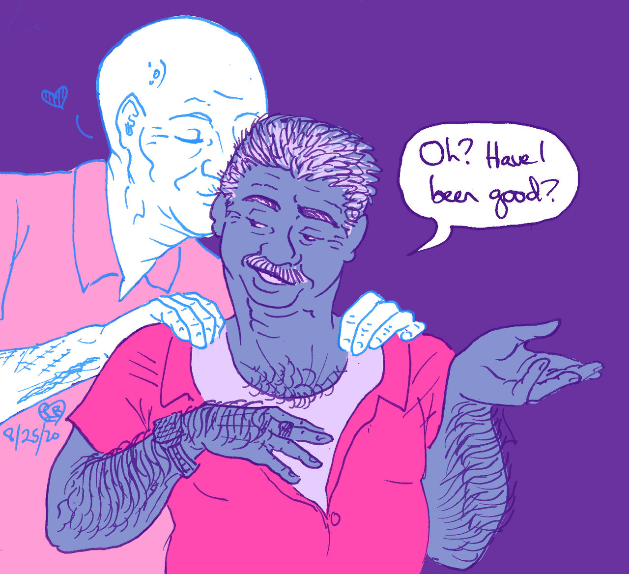 Grey kisses Bob on the cheek while massaging his shoulders as Bob asks if he's been good. Grey is in the trans pride colors, Bob in the bi.