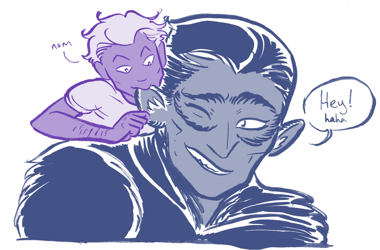 Mori leans over to sneak attack Rawlin by nomming her ear. Rawlin hunches her shoulder and says hey! but is smiling and laughing as she does it.