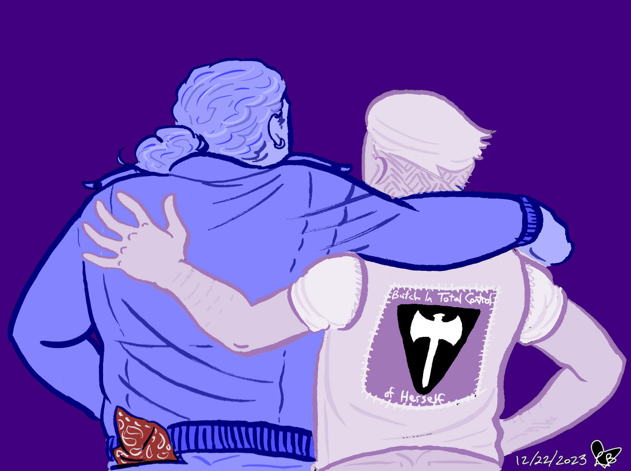 Mori and Biff with their arms around each other in bro fashion. Mori is in her system/lesbian color of purple and lavender, while Biff is in the leather pride colors of black, blue, red, and white.