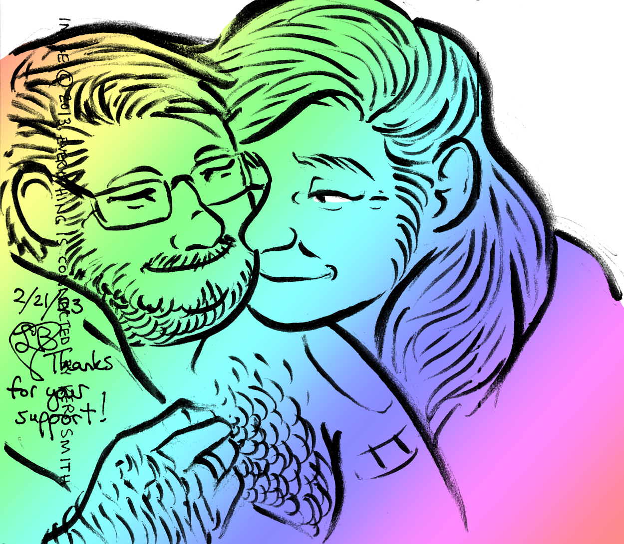 Mac leaning his chin on Rogan, arm around him, with a rainbow gradient behind them.