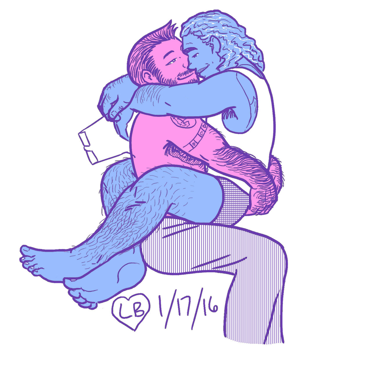 Biff in Rogan's lap. They're in the trans plural pride colors we made for our button of pink, blue, white, and purple.