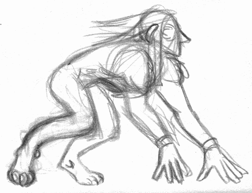 Pencil sketch of Rawlin on all fours with long hair, gloves, and digitigrade legs. She looks vaguely leonine.