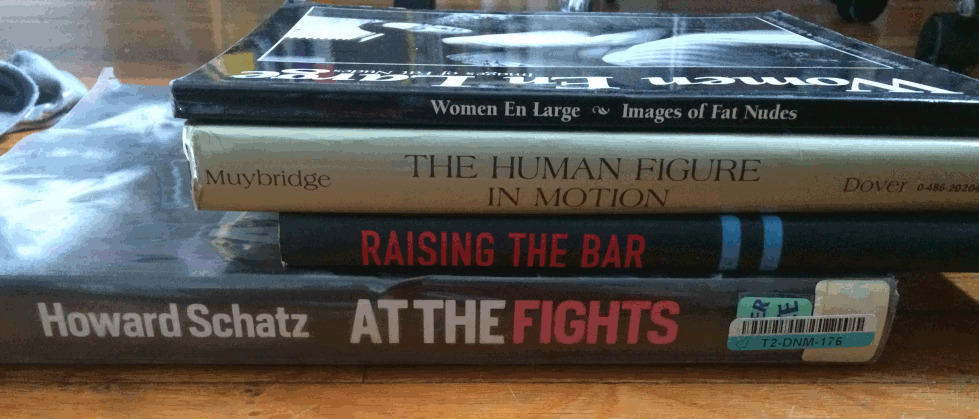 Another book spine poem: Women En Large / the Human Figure in Motion / Raising the Bar / At the Fights
