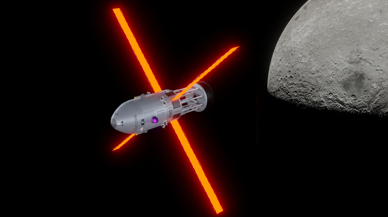 Big war spaceship in space seen from far away, warship, battleship