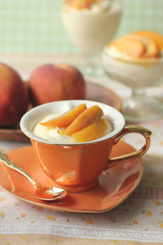 Almond Bavarian with White Wine Peaches