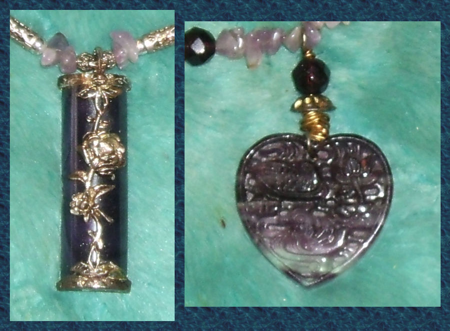 Amethyst Bird-Heart and Rose Pendants