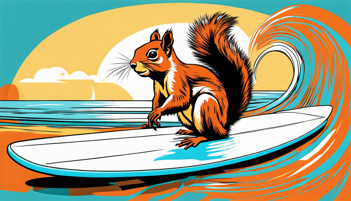 Pop art, squirrel, futuristic, surfing, beach