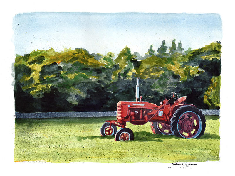 Полям красный трактор. Трактор акварель Джон Дир. Трактор картина. Красный трактор. Красный трактор арт.