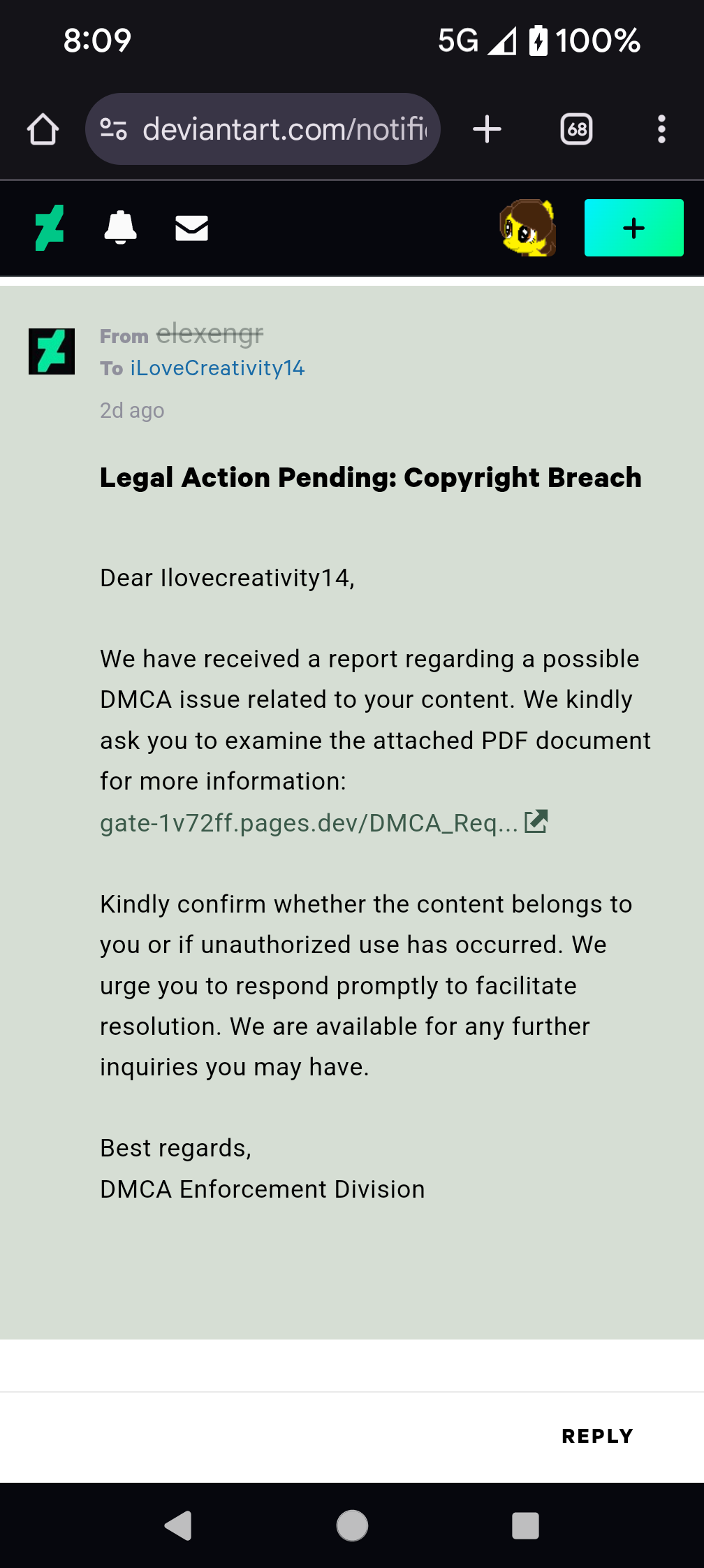 Fake DMCA? by iLoveCreativity14 on DeviantArt