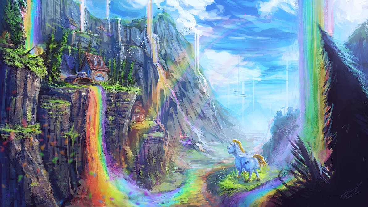 Волшебный мир приключений. МЛП радужные водопады. Радужный водопад МЛП. Эквестрия пейзаж. Сказочный пейзаж с радугой.