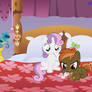 Button Mash and Sweetie Belle in Raritys bed