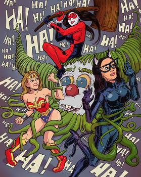 Catwoman, Wonder Woman and Harley Quinn fighting