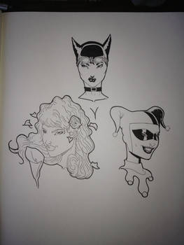 Catwoman, Poison Ivy, and Harley Quinn sketches