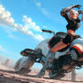 Cool Ponytail Girl on Hover Bike in Desert Badlan