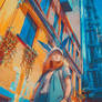 Bunny-Eared Girl Looking Up In City Street Illustr