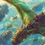 Two Red Pilots Riding Massive Steampunk Dragon