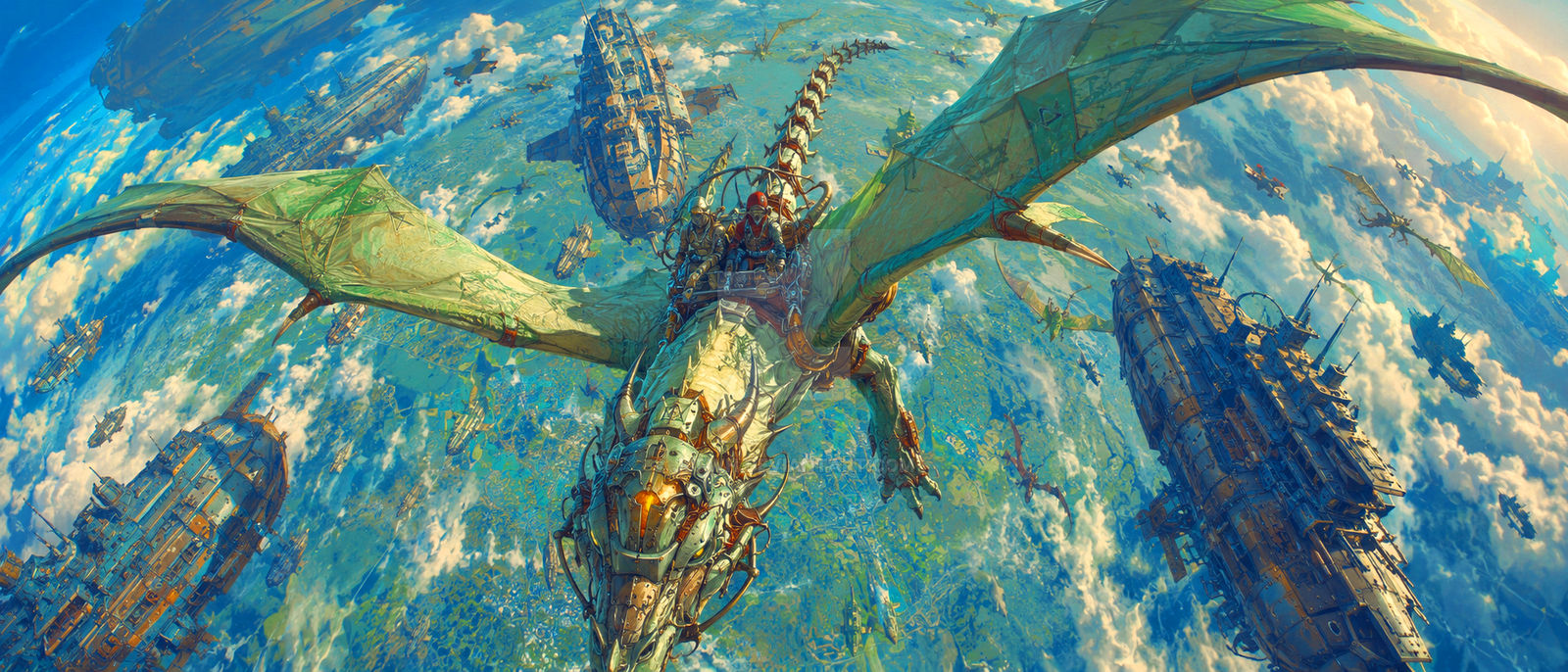 Two Adventurers Riding Giant Steampunk Sky Dragon