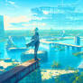 Blonde Wanderer Over Flooded Ruined City