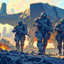 Soldiers March Through Ruined City