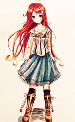 Flowing blue skirt, flaming red hair