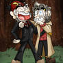 Two old men laughing in the woods