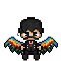 GIF sprite of Mumbo Jumbo's Hermitcraft character bouncing up and down in place, occasionally blinking. He has large, colorful bird wings due to sharing souls with Grian.