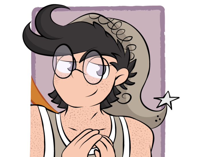 Cover image; close-up of a young Head Pixie with tufted black hair, lots of freckles, and a smug look