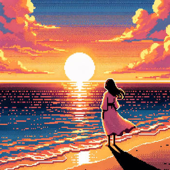 AI assistant Ayana: beach sunset, pixel art