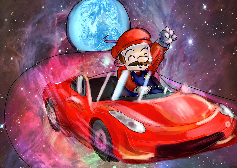 Mario driving a Ferrari in the galaxy