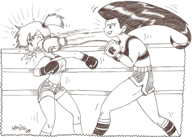 Musashi punching Kasumi.