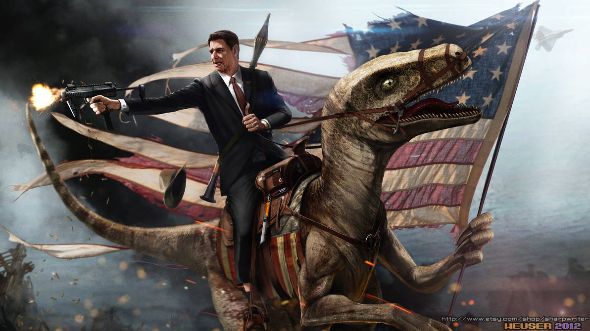 Ronald Reagan Riding a Velociraptor by SharpWriter