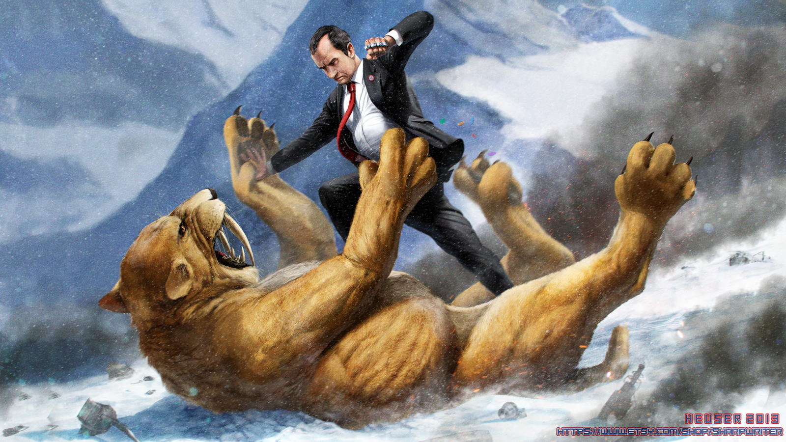 Richard Nixon fighting a Saber Tooth Tiger