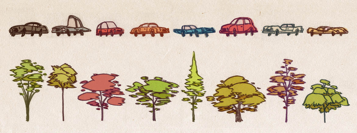 Cars and trees.