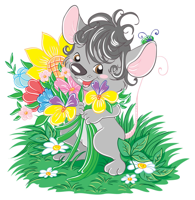 Gray mouse with flowers vector