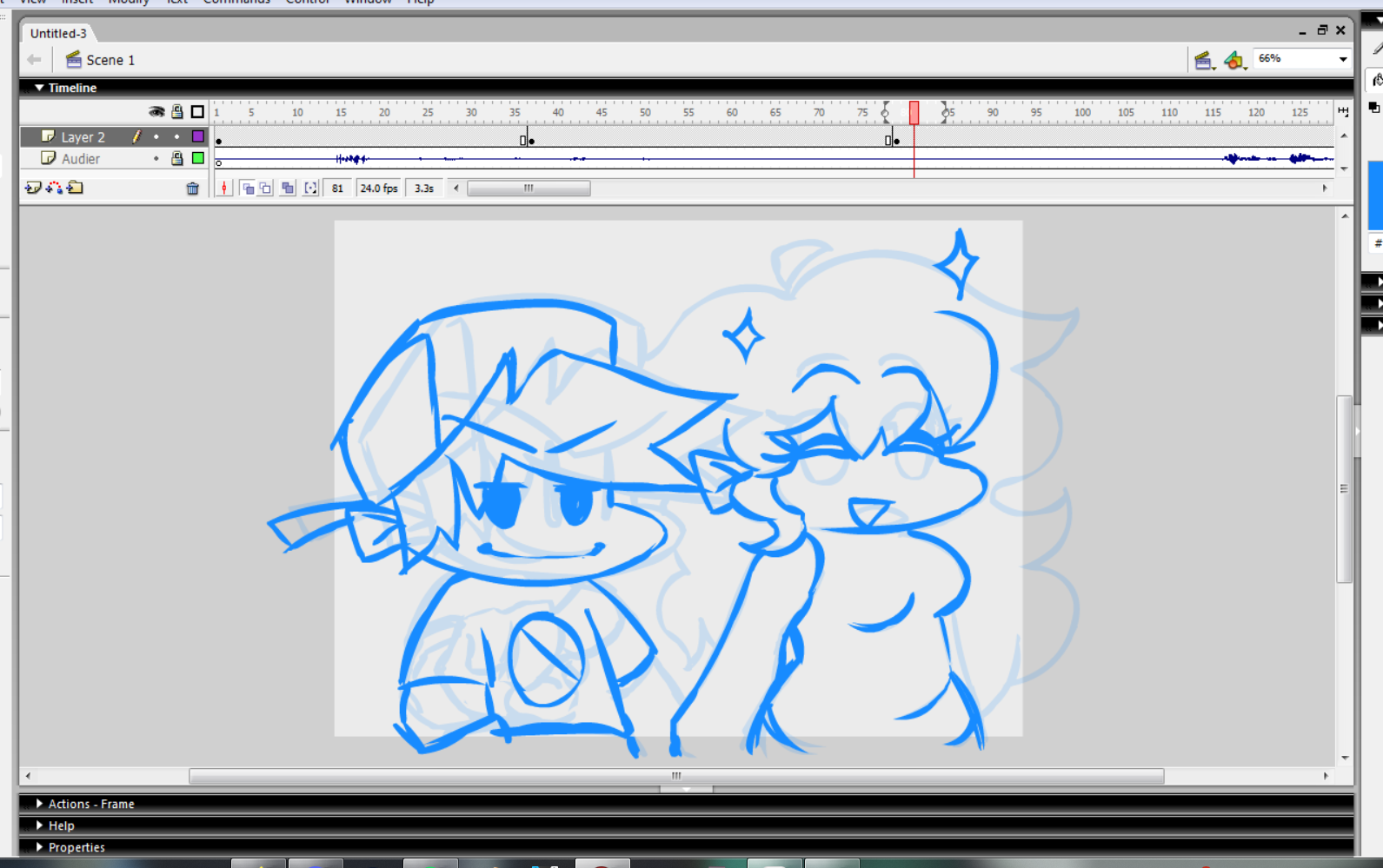 Screenshot of me drawing Boyfriend and Girlfriend from FNF in Macromedia Flash MX 2004.