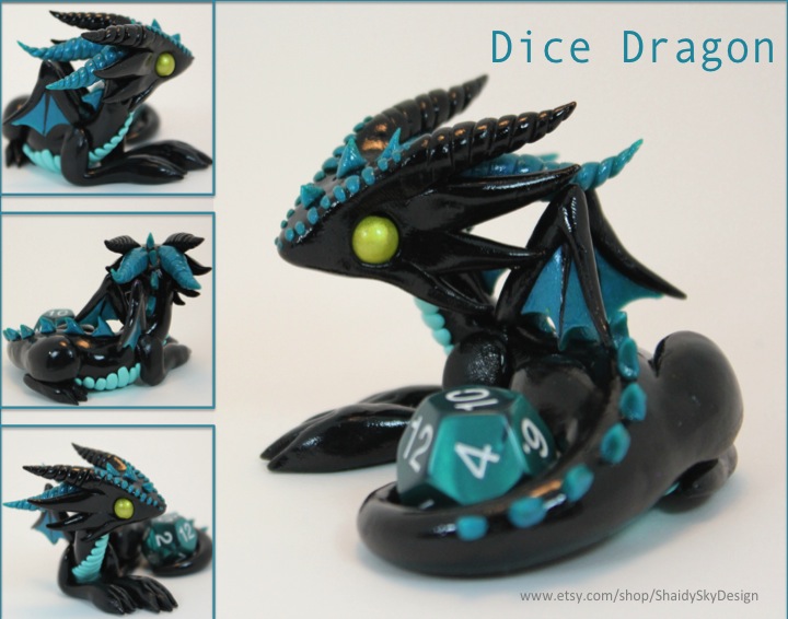 Polymer Clay Dice Dragon Black and Teal