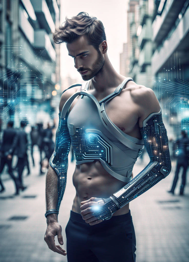 Homme avec un bras cyberntique dans une ville futu